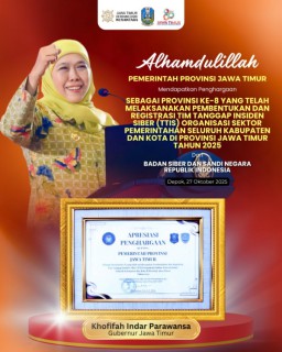 Gubernur Khofifah Terima Penghargaan dari BSSN, Sukses Kelola Siber Pemerintahan di Wilayah Jatim