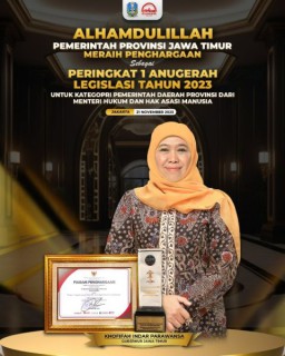 Jatim Raih Peringkat I Anugerah Legislasi 2023 Kemenkumham RI, Gubernur Khofifah : Bukti Komitmen Bersama Hasilkan Perda Berkualitas dan Berintegritas