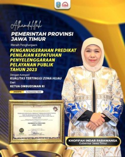 Pemprov Jatim Raih Penghargaan Ombudsman RI, Gubernur Khofifah : Alhamdulillah, Hasil Nilai Kepatuhan Yanblik Jatim Capai 88,81