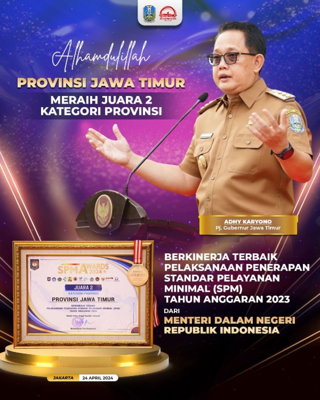 Pj Gubernur Adhy dan penghargaan SPM Awards 2024.(ist)