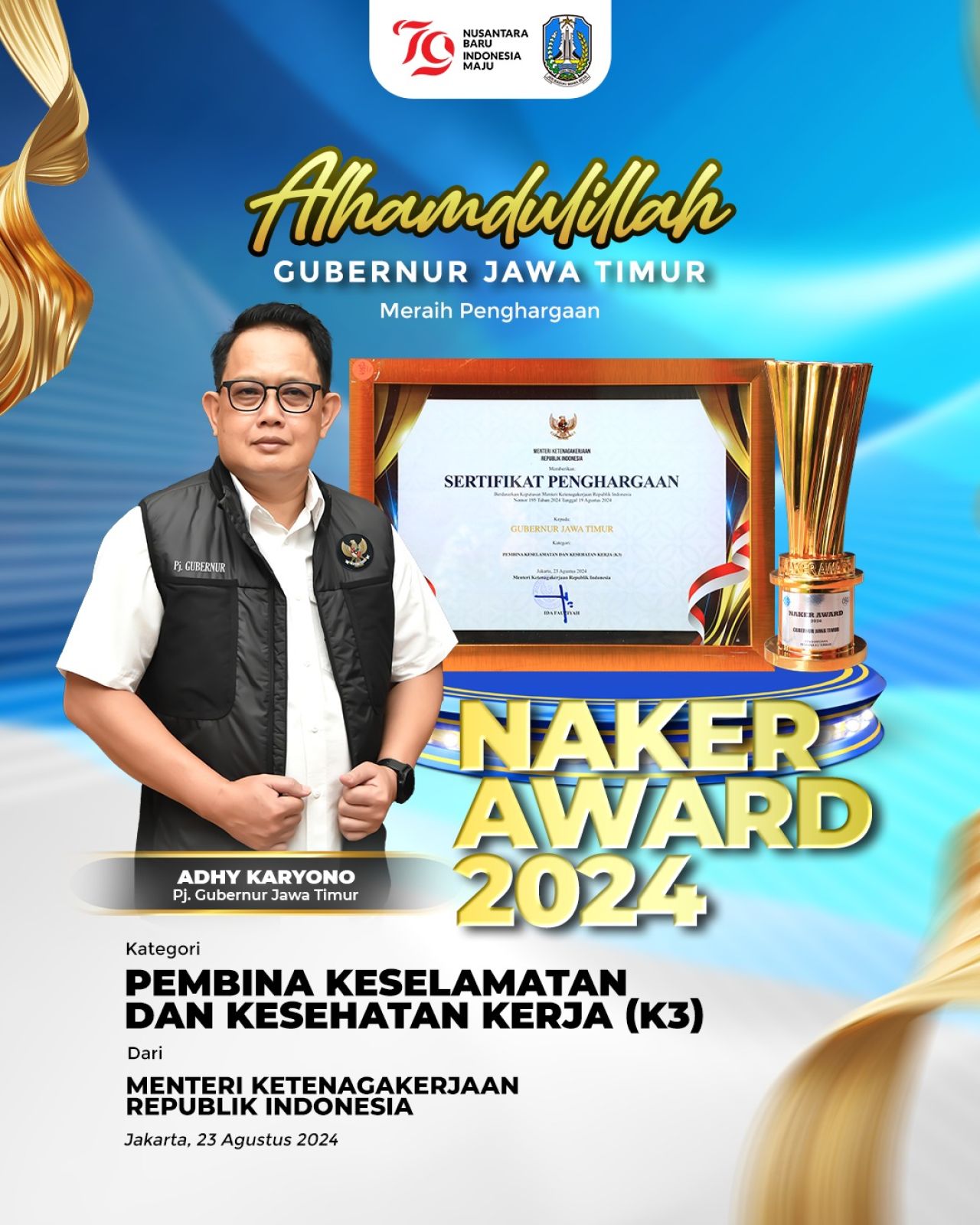 Jatim Raih Penghargaan Pembina K3 Terbaik Keenam Kalinya, Ini Pesan Pj. Gubernur Adhy