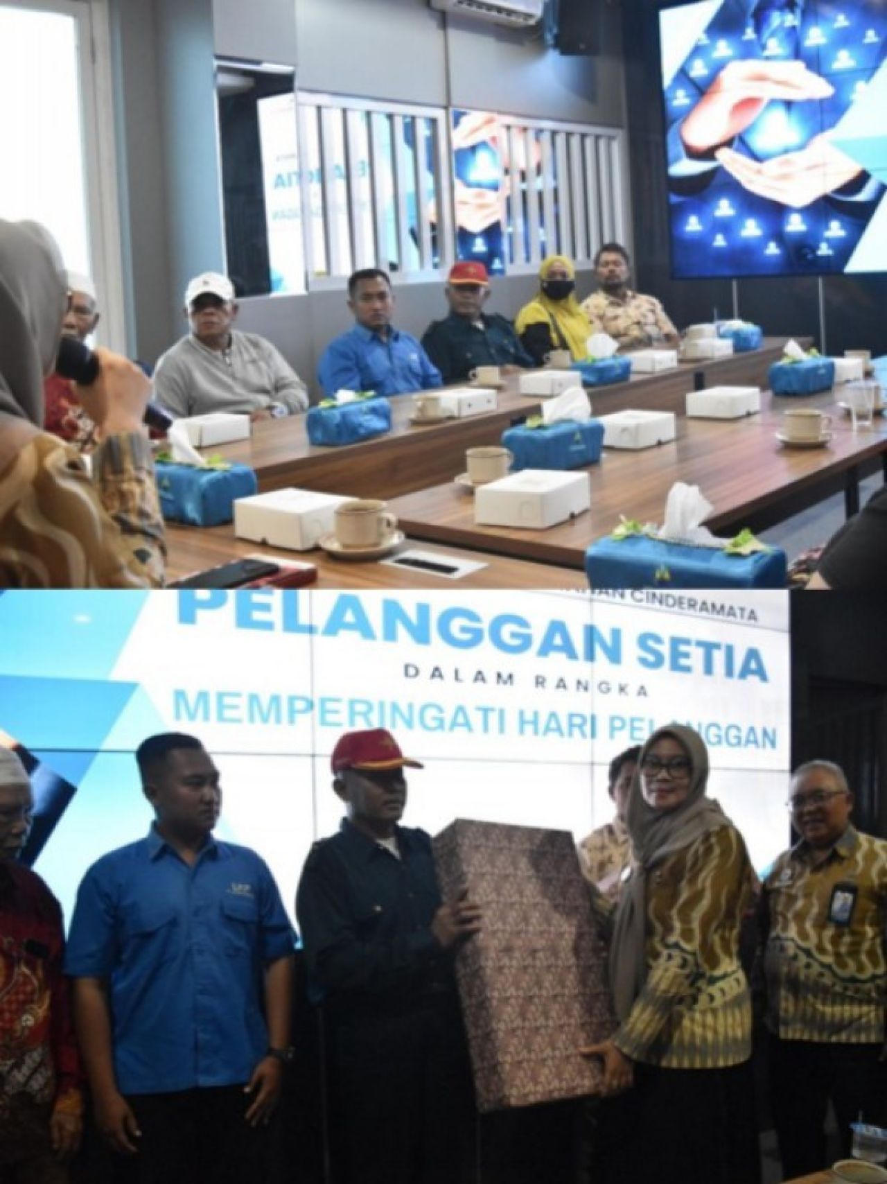 Perunda Tirta Kanjuruhan saat mersyakan Hari pelanggan dengan memberikan bingkisan kepada pelanggan.(ist)