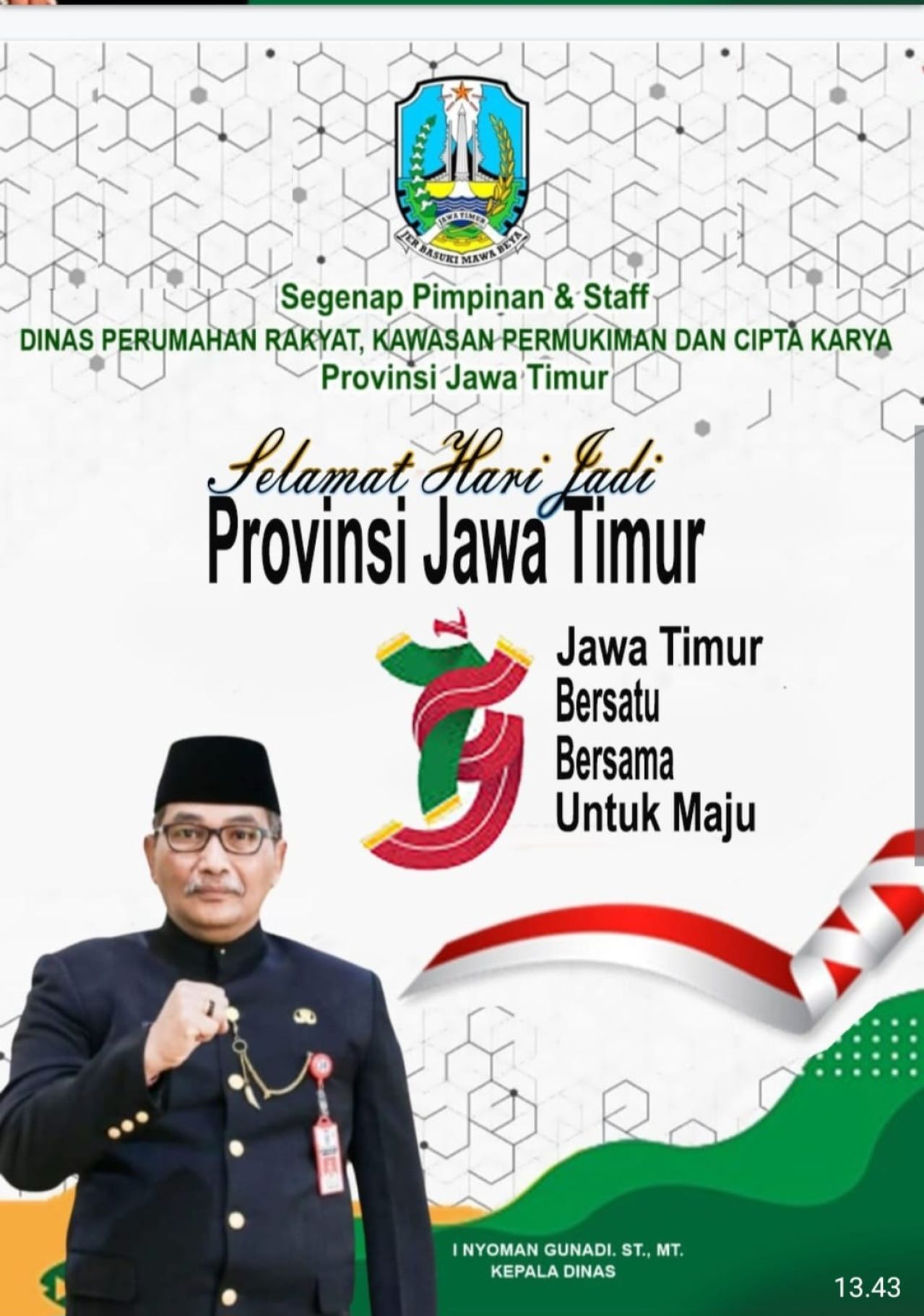 Dinas Perumahan Rakyat, Kawasan Permukiman dan Cipta Karya Ucapkan Hari Jadi Ke 79 Prov Jatim 2024