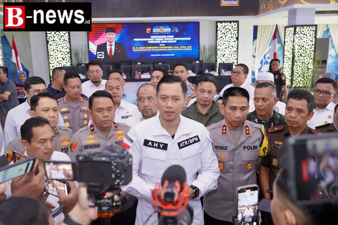 Menteri AHY Saat Konfrensi Pers Pengungkapan Tindak Pidana Pertanahan di Mapolda Jawa Barat, Jumat (18/10/2024). (ist)
