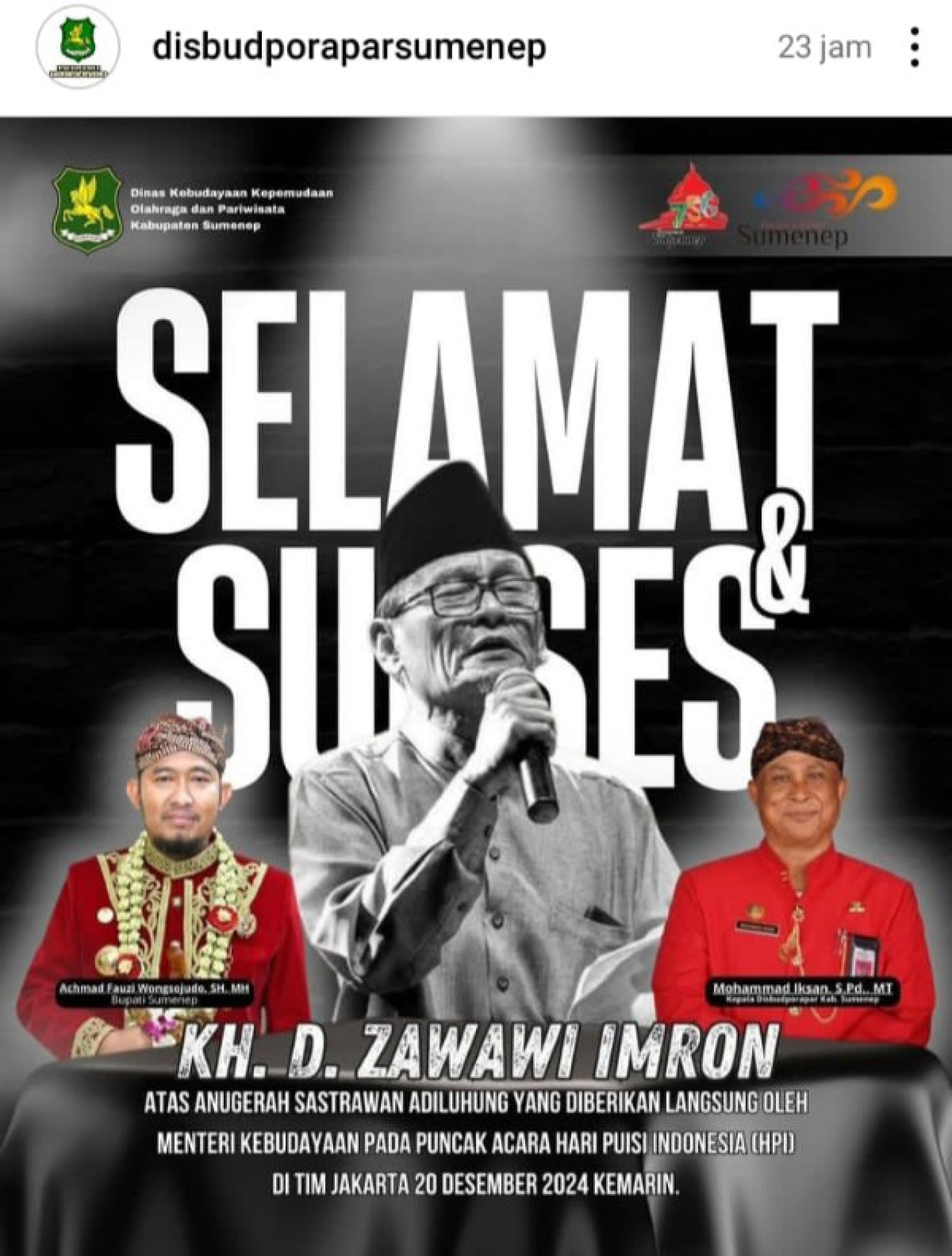 KH. D. Zawawi Imron raih Penghargaan sebagai Sastrawan Adiluhung. (*)