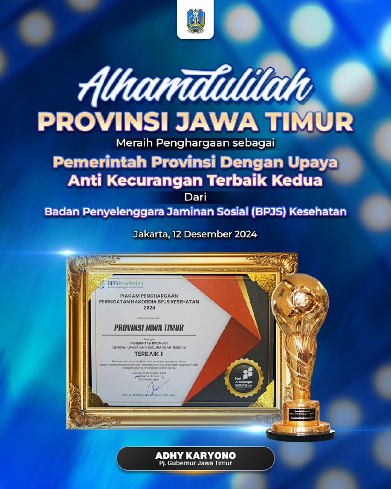 Pemprov Jatim Raih penghargaan anti kecurangan terbaik kedua. (Ist)