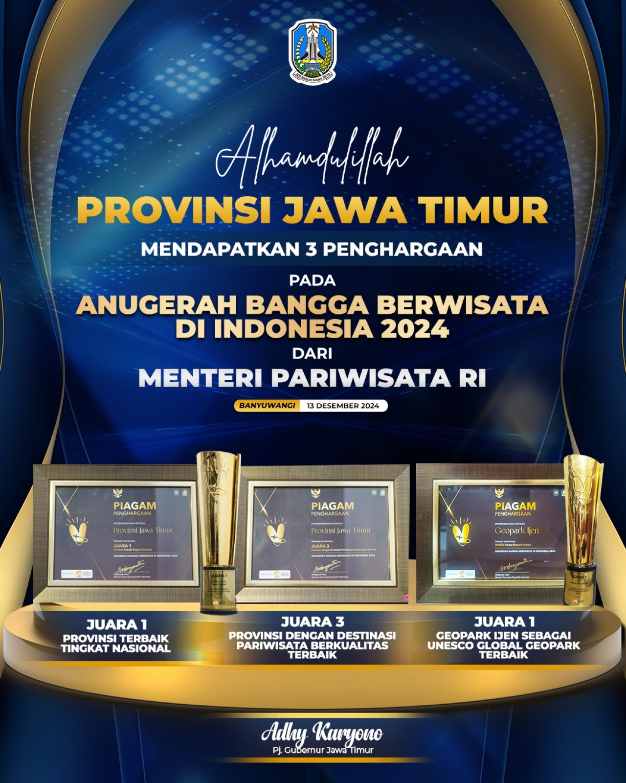 Pemprov Jatim sabet tiga penghargaan.