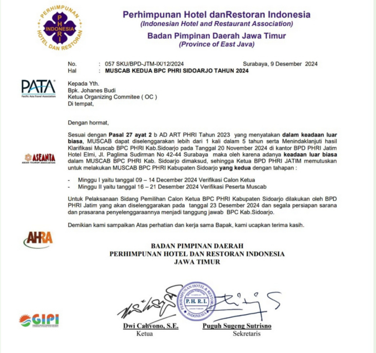 Surat dari BPD PHRI Jatim memerintahkan Muscab BPC PHRI Sidoarjo diulang.