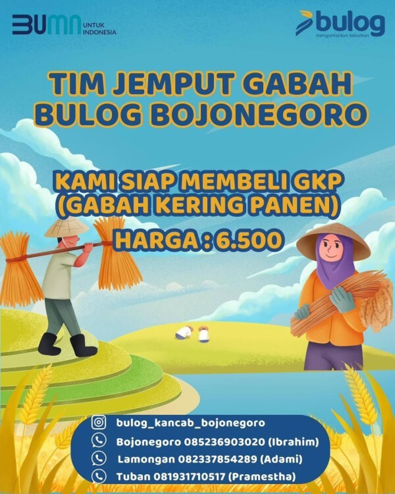 Perum Bulog Bojonegoro beli langsung gabah petani dengan harga Rp 6.500 per kilogramnya. (Ist)