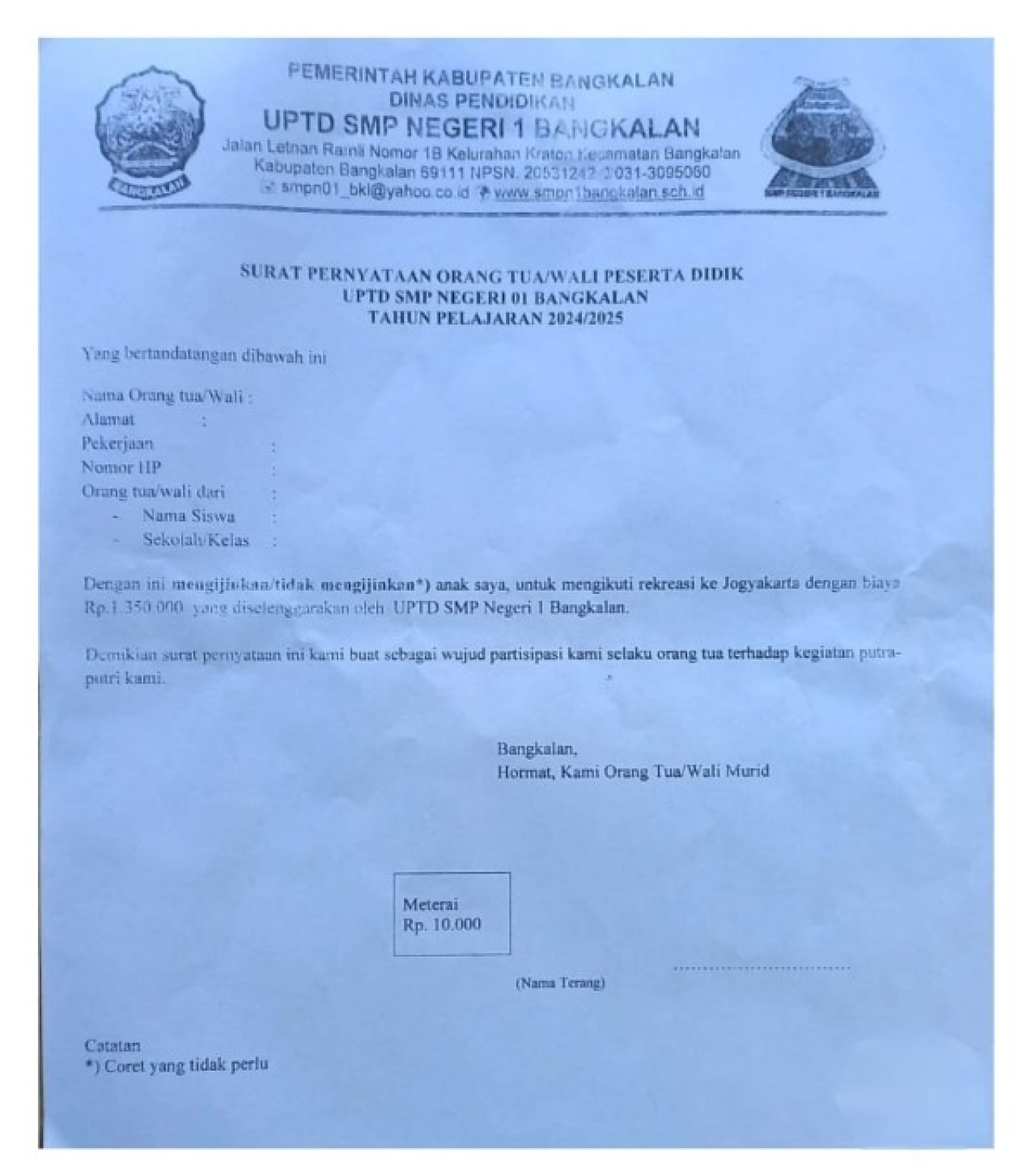 surat edaran keikutsertaan siswa syudibtour Jogyakarta. (ist)