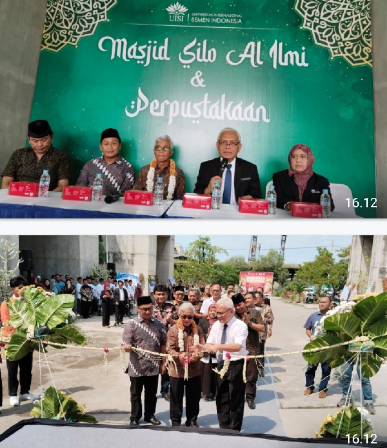 Rektor UISI Prof Herman S dan Dwi Sutjipto saat jumpa pers. foto bawah : Rektor UISI Prof Herman S dan founding father Dwi Sutjipto menggunting pita pembukaan masjid dan perpustakaan. (ist)