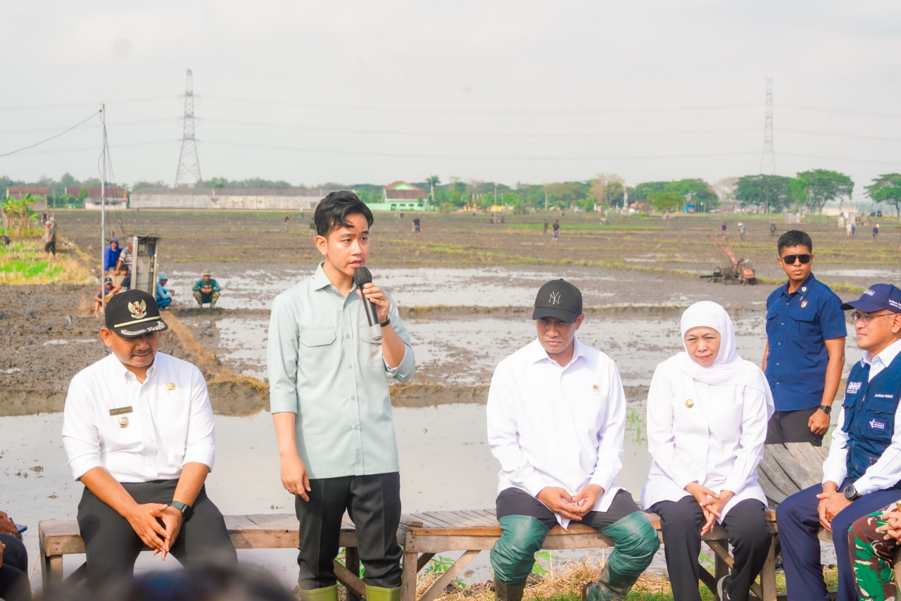 Gubernur Jawa Timur Khofifah Indar Parawansa mendampingi Wakil Presiden RI Gibran Rakabuming bersama Menteri Pertanian RI Amran Sulaiman Tanam Padi dan Meninjau pabrik beras PT. Daya Tani Sembada di Dusun Alas Pecah, Desa Geneng, Kec Geneng. (Ist)