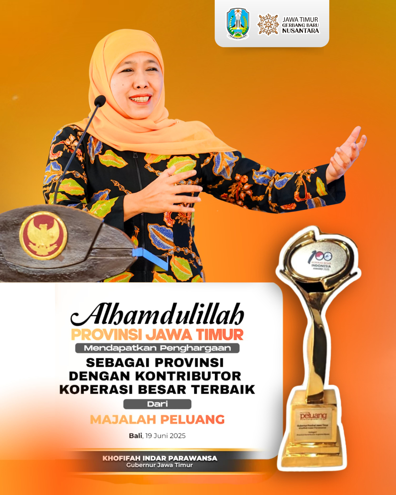 Jawa Timur dianugerahi penghargaan “Provinsi Kontributor Koperasi Besar Terbaik” dari Majalah Peluang, media perkoperasian utama nasional. (Ist)