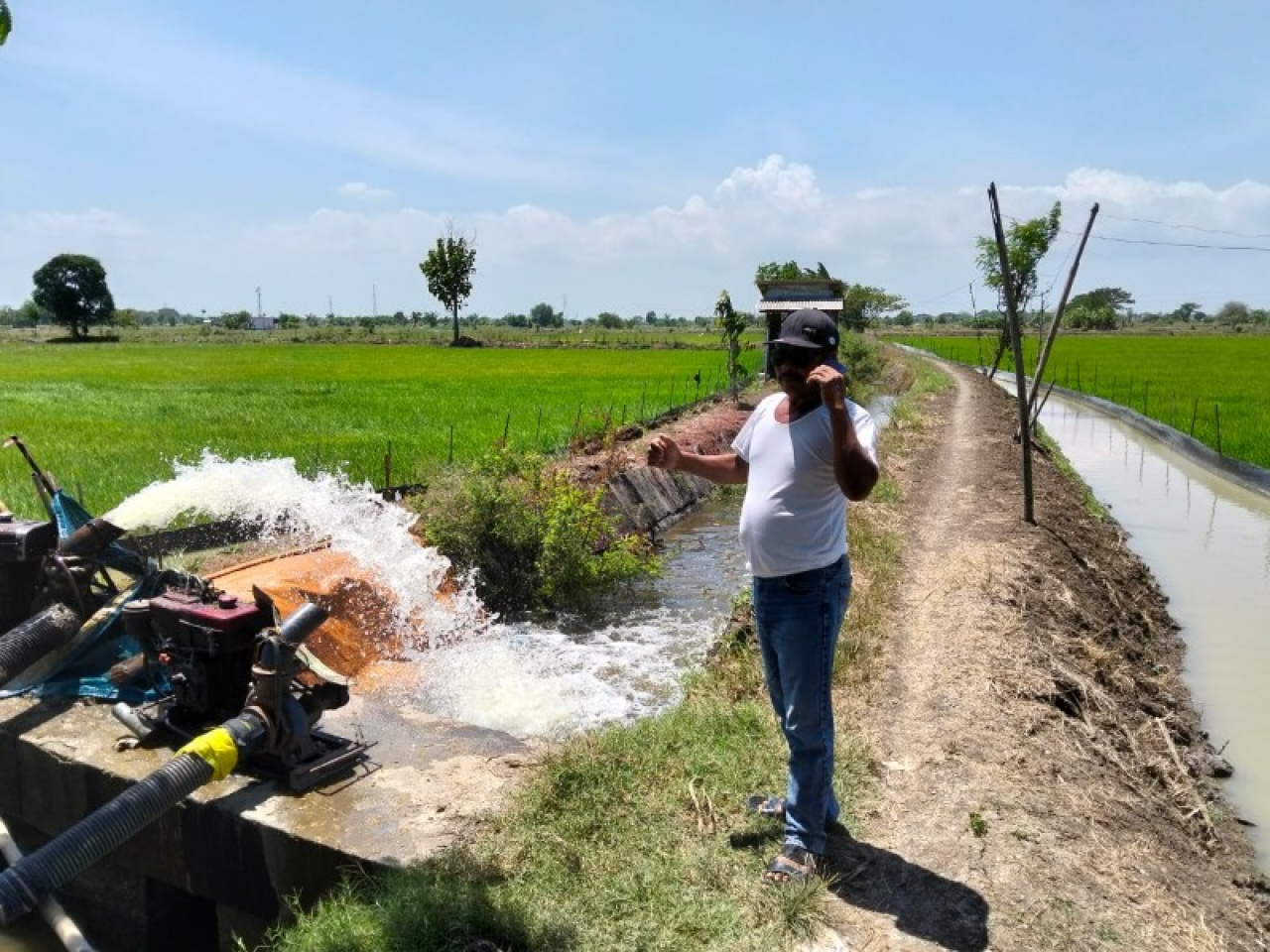 Kades Tambakrejo, Latip menunggui desel memindahkan air. (ist)