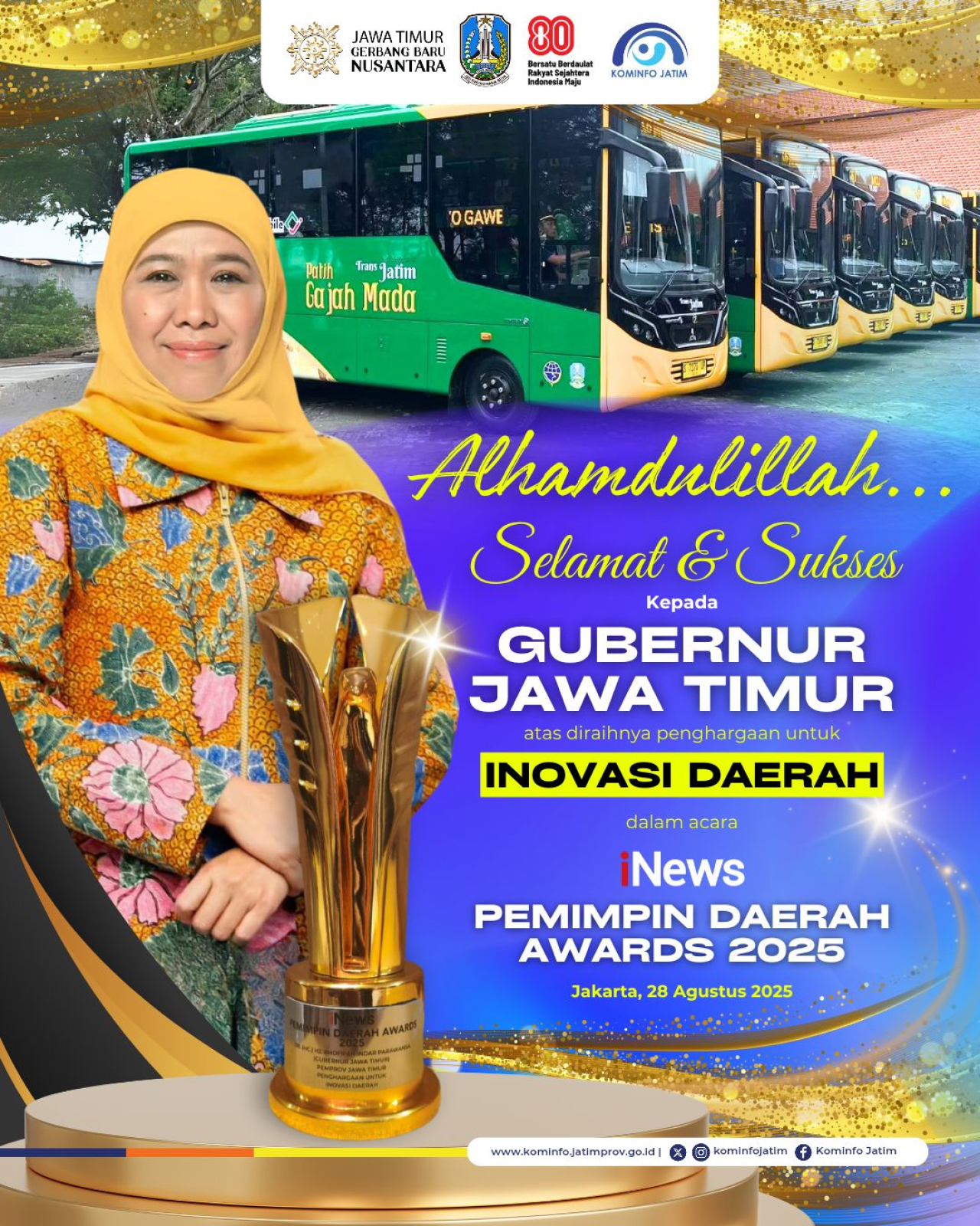 Gubernur Khofifah Raih Penghargaan Pemimpin Daerah Awards 2025, Sukses Antarkan Trans Jatim Sebagai Inovasi Daerah Terbaik. (*)