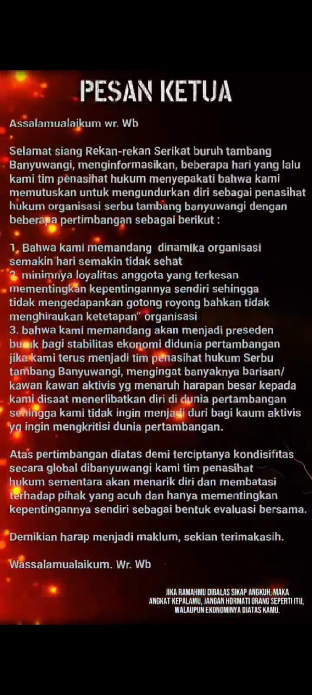 Surat Terbuka dari Tim Penasihat Hukum Serikat Buruh Tambang (Serbu Tambang) Banyuwangi, yang Beredar luas di Sosmed pada Sabtu, 11 Oktober 2025.(ist)