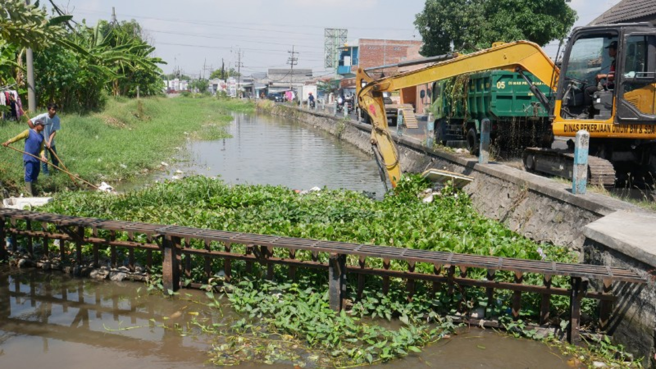 Jaga Kebersihan Sungai, Pemkab Sidoarjo Rutin Bersihkan Eceng Gondok dan Sampah di Saringan Mengetan Kanal
