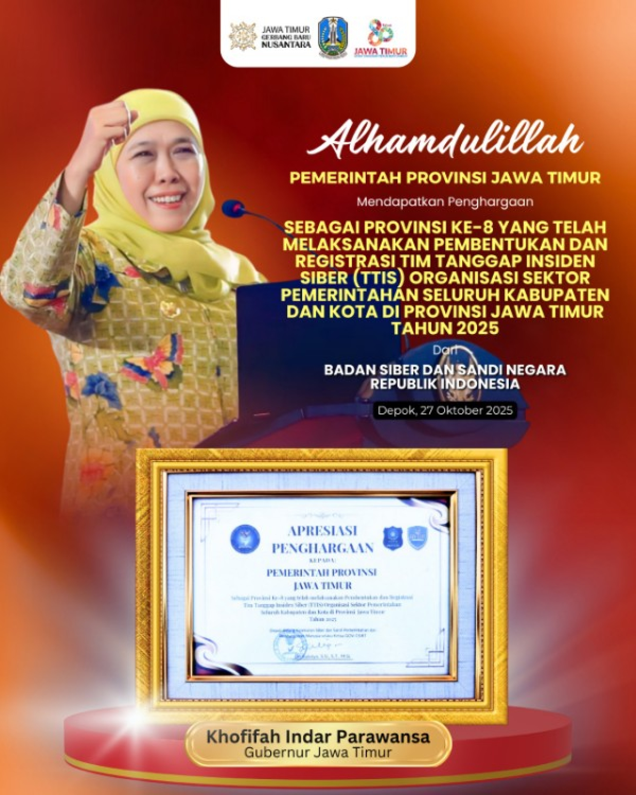 Gubernur Khofifah dan penghargaan dari BSSN. (Ist)