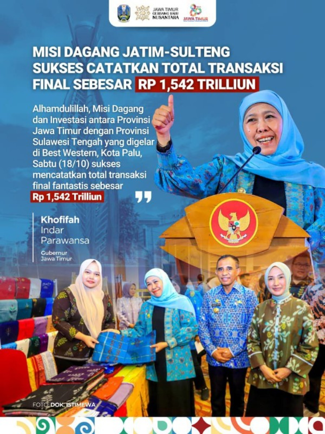 Gubernur Khofifah Sukses Pimpin Misi Dagang Jatim-Sulteng Transaksi Final Tembus Rp 1,542 Triliun. Bukti Nyata Sinergi Daerah Kuatkan Ekonomi Nasional. (Ist)