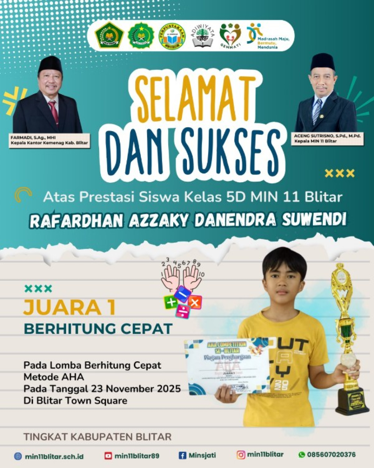 Rafardan Azzaky DS, Siswa MIN 11 Blitar yang Ukir Prestasi Melalui Berhitung Cepat Metode AHA. (ist)