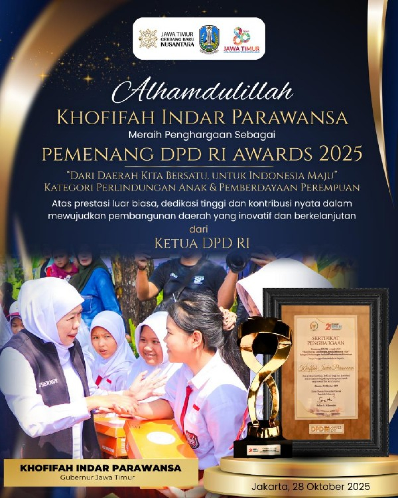 Gubernur Khofifah meraih penghargaan DPD Awards 2025 konsisten lindungi anak dan berdayakan perempuan. (Ist)