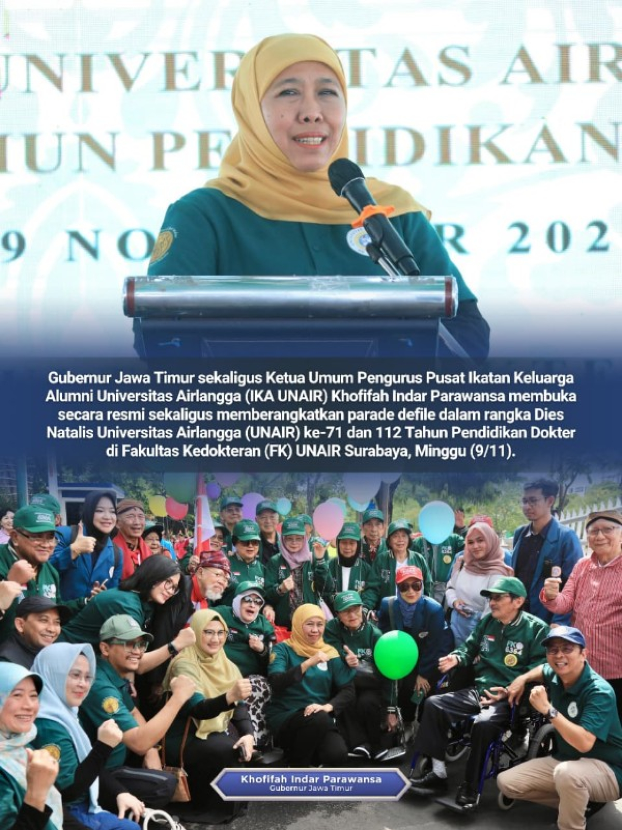 Gubernur Khofifah menyampaikan sambutan saat hadiri Dies Natalis Ke 71 Unair. (Ist)