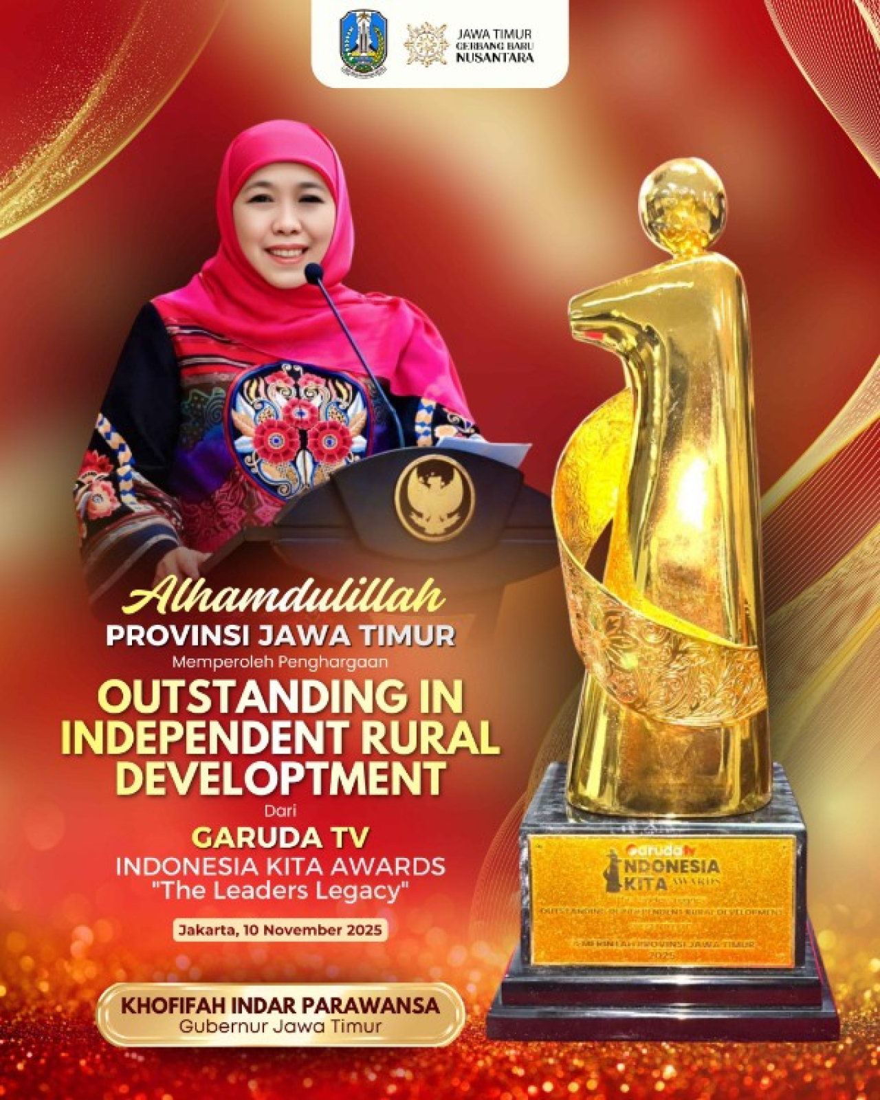 Gubernur Jawa Timur Khofifah Indarparawansa terima penghargaan Indonesia Kita Awards. (Ist)