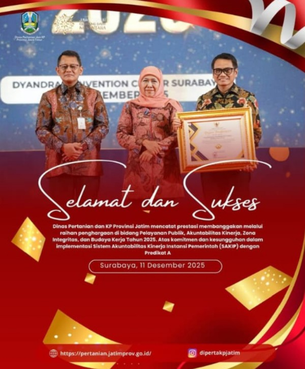 Dinas Pertanian dan KP Jatim Terima Penghargaan SAKIP 2025 dengan Predikat A