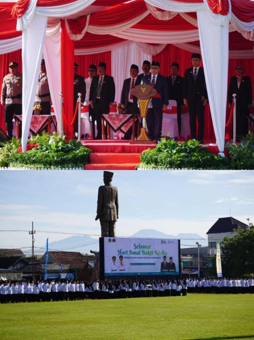 Kementerian Agama Kabupaten Blitar menggelar upacara peringatan Hari Amal Bakti (HAB) ke-80 Kementerian Agama Republik Indonesia, Sabtu (3/1/2026), di Alun-alun Kanigoro, Kabupaten Blitar.(sunyoto)