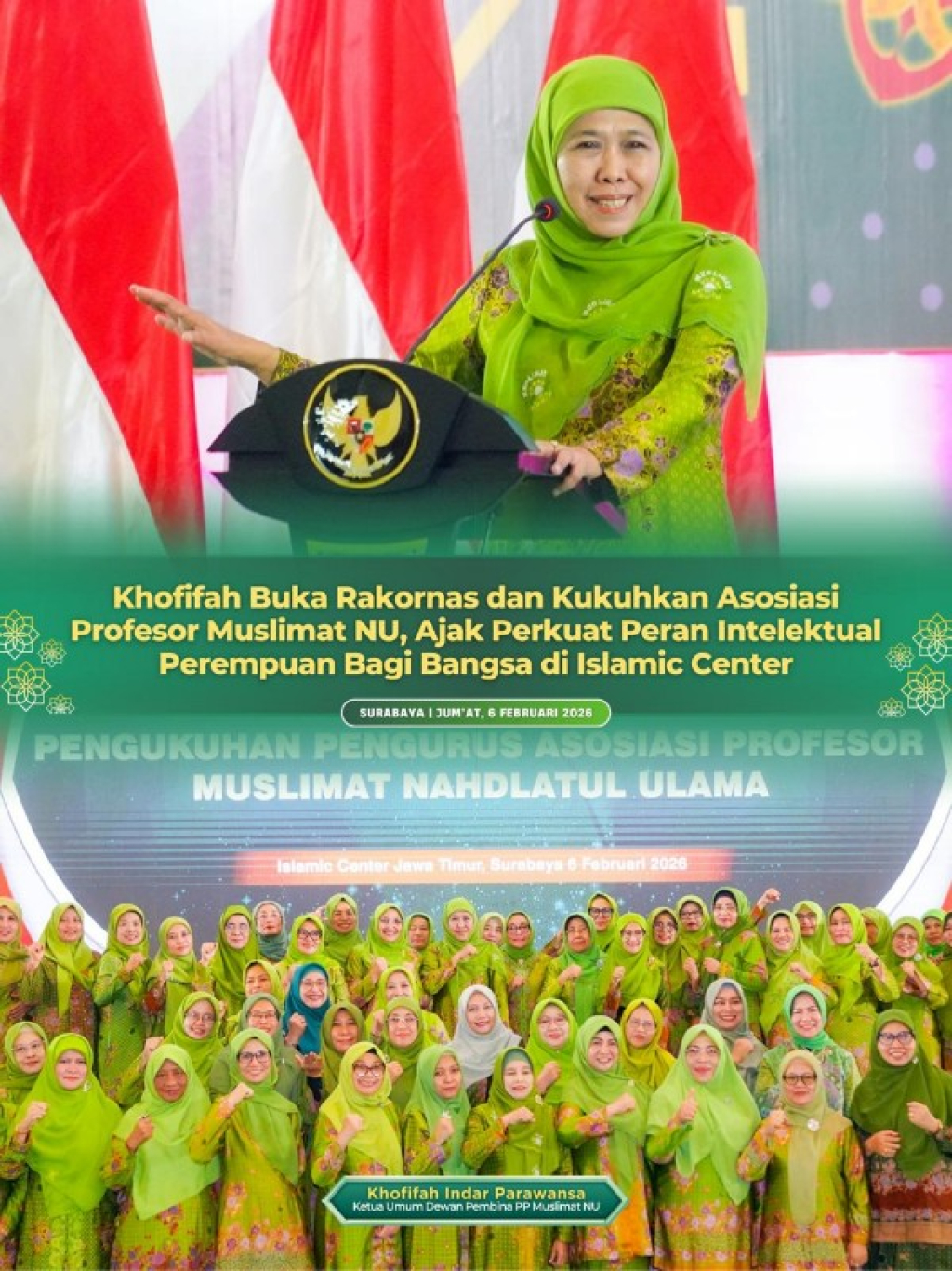 Gubernur Khofifah saat membuka Rakornas dan kukuhkan Assosiasi Profesor Muslimat NU di Kantor Badan Pengembangan Sumber Daya Manusia (BPSDM) Prov Jatim, Surabaya. Jumat (6/2) malam. (foto: dok humas)