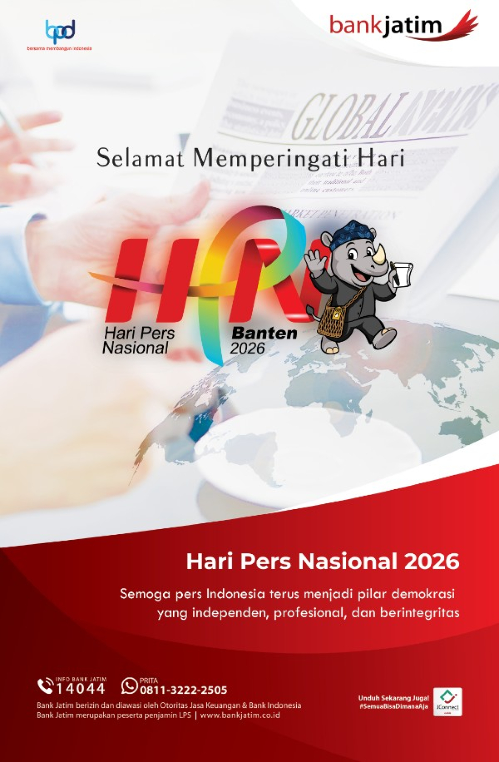 Jajaran Direksi, Komisaris dan Karyawan Bank Jatim Mengucapkan Selamat Hari Pers Nasional 2026.