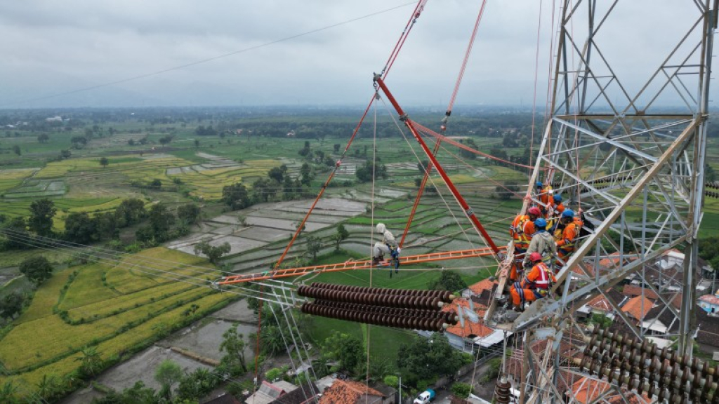 Penggantian Isolator Tension Flash pada jaringan Saluran Udara Tegangan Ekstra Tinggi (SUTET) 500 kV jalur Paiton - Grati. (foto: ist)