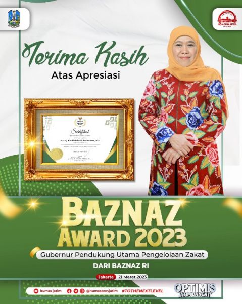 Gubernur Khofifah terima penghargaan Baznas Award 2023. (Ist) 