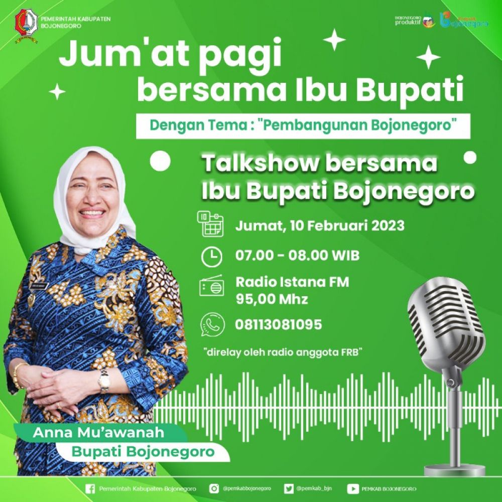 Bupati Bojonegoro Anna Mu'awanah paparkan keberhasilan pembangunan Bojonegoro dan siap menjawab pertanyaan warga saat Talkshow di Radio Malowopati Bojonegoro. (Ist) 