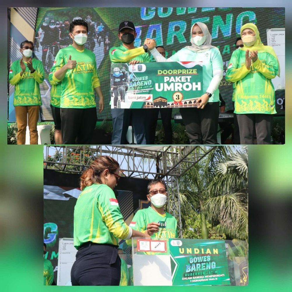 Gubernur Khofifah dan Wagub Emil Dardak turut menyaksikan penyerahan doorprize Umroh dari Bank Jatim pada acara Gowes Bareng di halaman Gedung Grahadi Surabaya (ist) 