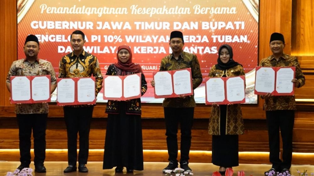 Bupati Sifoarjo Muhdlor usai penandatangan kesepakatan bersama terkait pengelolaan PI 10 persen Migas bersama Gubernur Jatim dan 5 Kepala Daerah di gedung Grahadi Surabaya. (Ist) 