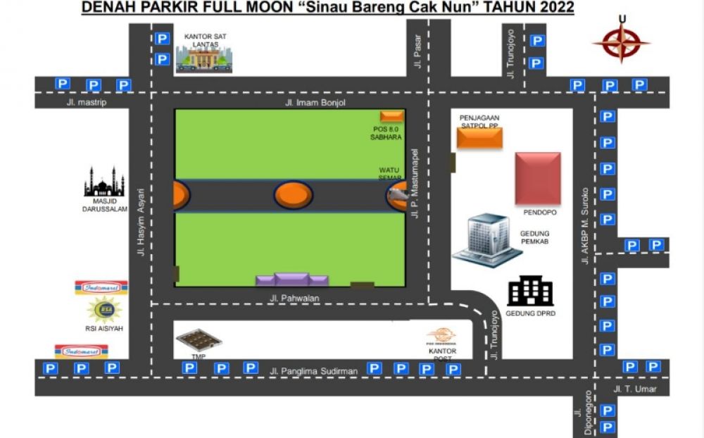 Denah parkir acara Full moon Sinau Bareng Cak Nun di Bojonegoro nanti malam. (Ist) 