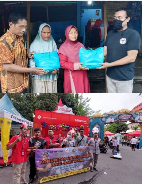 Ketua R- Sports Gresik, Ali Sugianto dan Sekretaris berbagi foto bawah: Komunitas Gamers berbagi takjil. (Ist) 