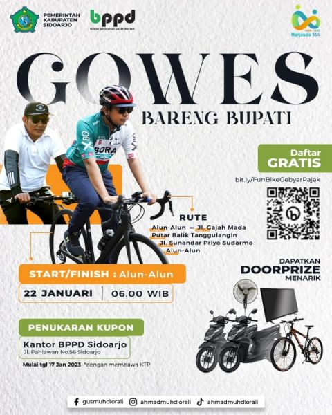 Gowes Bareng Bupati Sidoarjo Minggu 22 Januari 2023 Start Alun-alun Sidoarjo dalam rangka Harjasda ke 164 Kabupaten Sidoarjo. (Ist) 