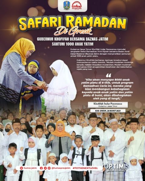 Gubernur Khofifah mengawali Safari Ramadhan di Gresik bersama Baznas Jatim santuni 1.000 anak Yatim dan berikan bantuan pelaku UMKM. (Ist) 