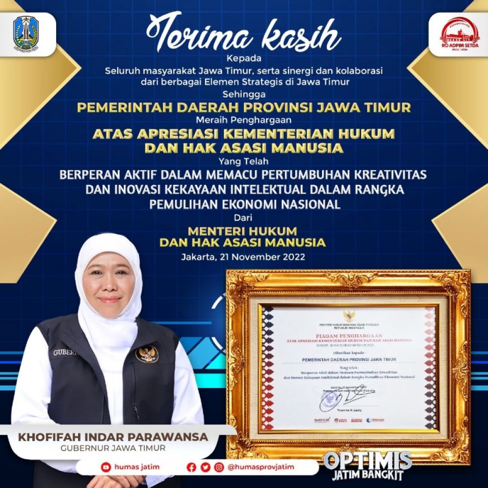 Pemprov Jatimb Terima penghargaan dari Kemenkumham. (Ist) 