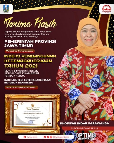 Gubernur Jawa Timur Khofifah Indar Parawansa Terima penghargaan IPK Tahun 2021. (Ist) 