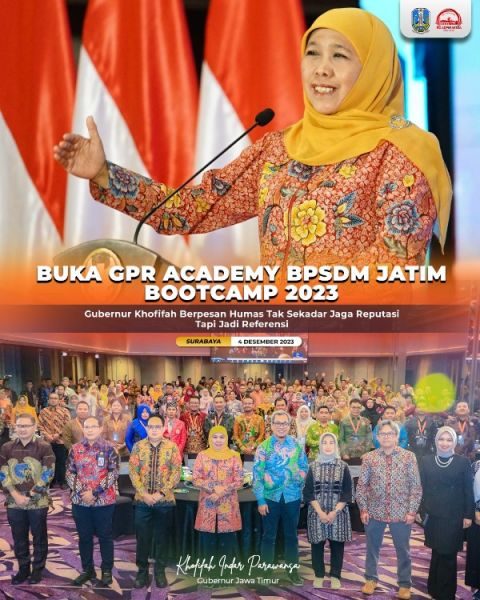Gubernur Khofifah menyampaikan sambutan dalam Pembukaan G P R Academy BPSDM Jatim Bootcamp 2023. (Ist) 