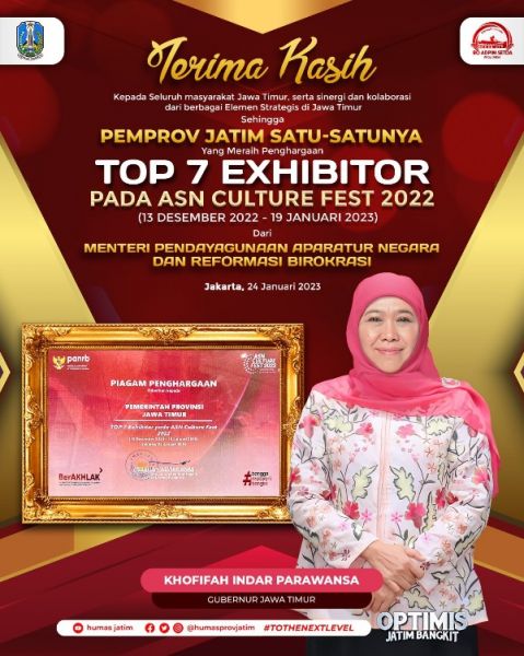 Pemprov Jatim raih penghargaan Top 7 Exhibitor Culture Fest 2022 dari Kemenpan -RB. (Ist) 