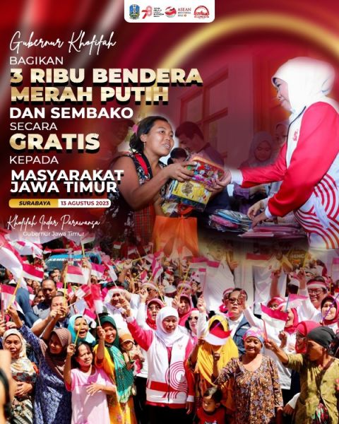 Gubernur Khofifah bagikan ribuan bendera merah putih dan sembako. (ist) 