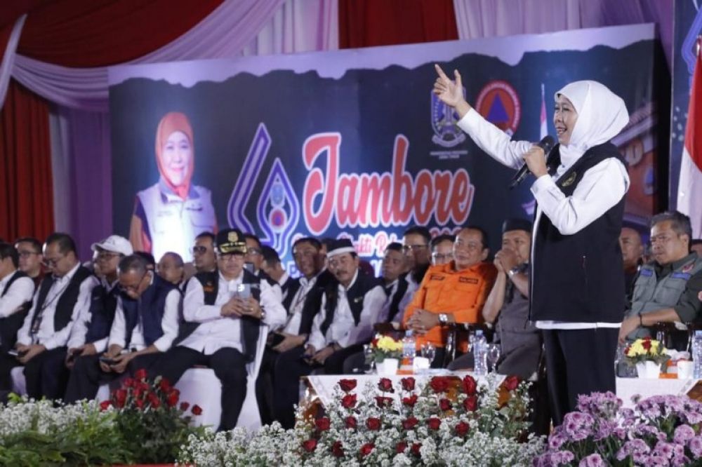 Gubernur Khofifah membuka relawan jambire penanggulangan bencana dan Kick off launching logo Hari Jadi ke 78 Provinsi Jatim. (Ist) 