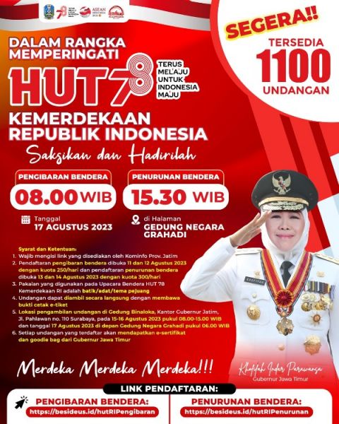 Gubernur Khofifah mengundang masyarakat memeriahkan upacara HUT RI ke 78 di gedung negara Grahadi dengan kuota 1 100 orang. Ayo cepat mendaftar. (Ist) 