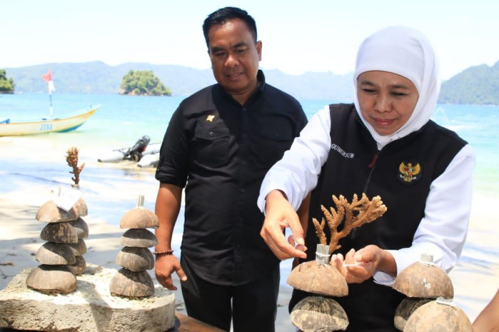 Gubernur Khofifah saat merangkai terumbu karang dari pesisir Laut Jatim. (Ist) 