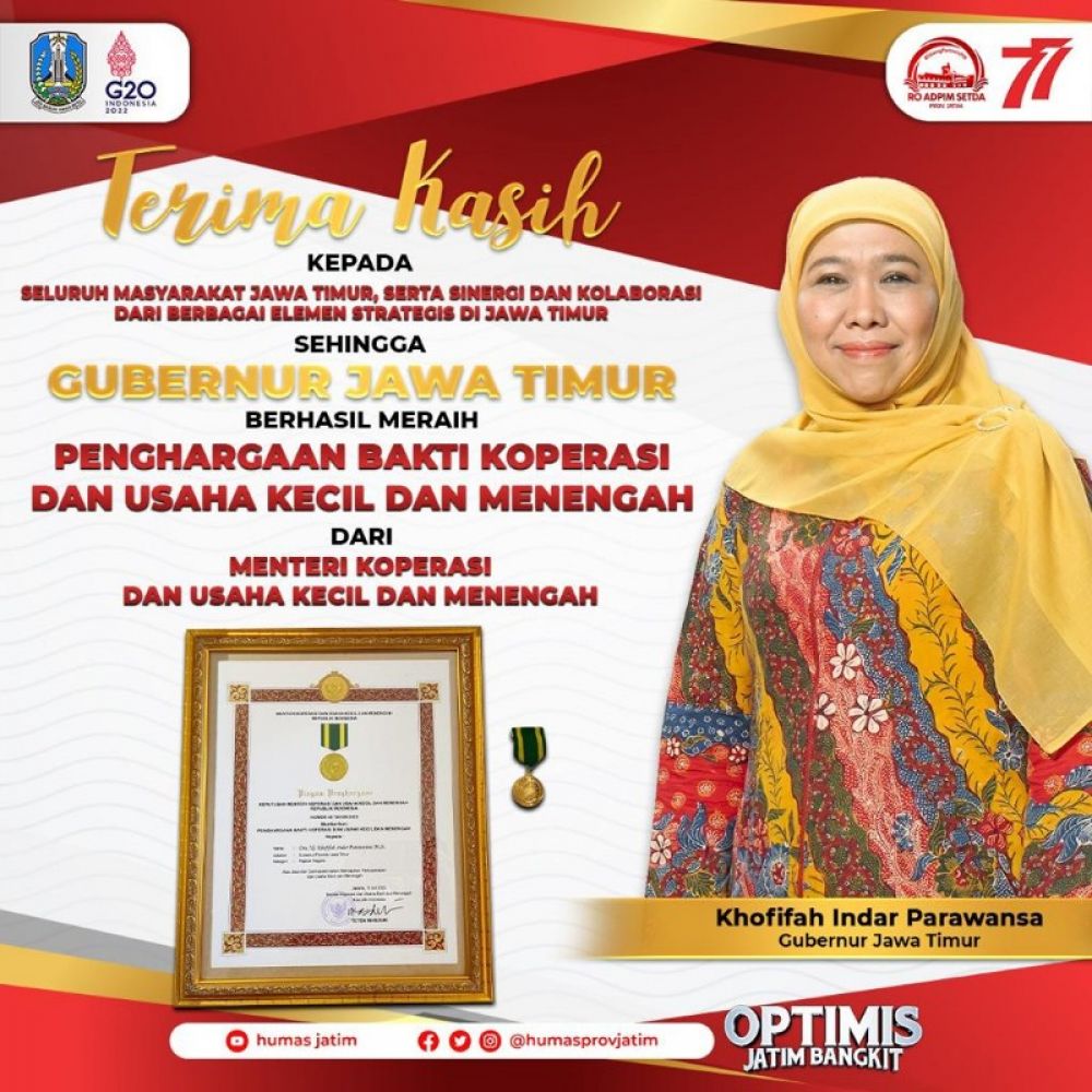 Gubernur Hawa Timur Khofifah ibdar Parawansa meraih penghargaan Jasa Bhakti Koperasi dan Usaha Kecil Menengah Kategori sebagai Pejabat Negara dari Kementerian Koperasi RI. (Ist) 
