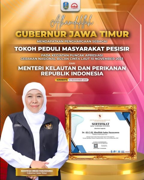 Gubernur Khofifah raih penghargaan tokoh peduli masyarakat pesisir dari KKP. (ist) 